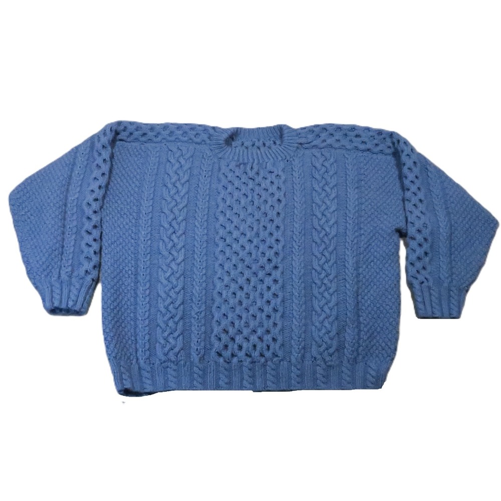 Handknit Aran Cable Knit Fisherman Sweater 2XL Blue Pullover Chunky Hygge Cabin